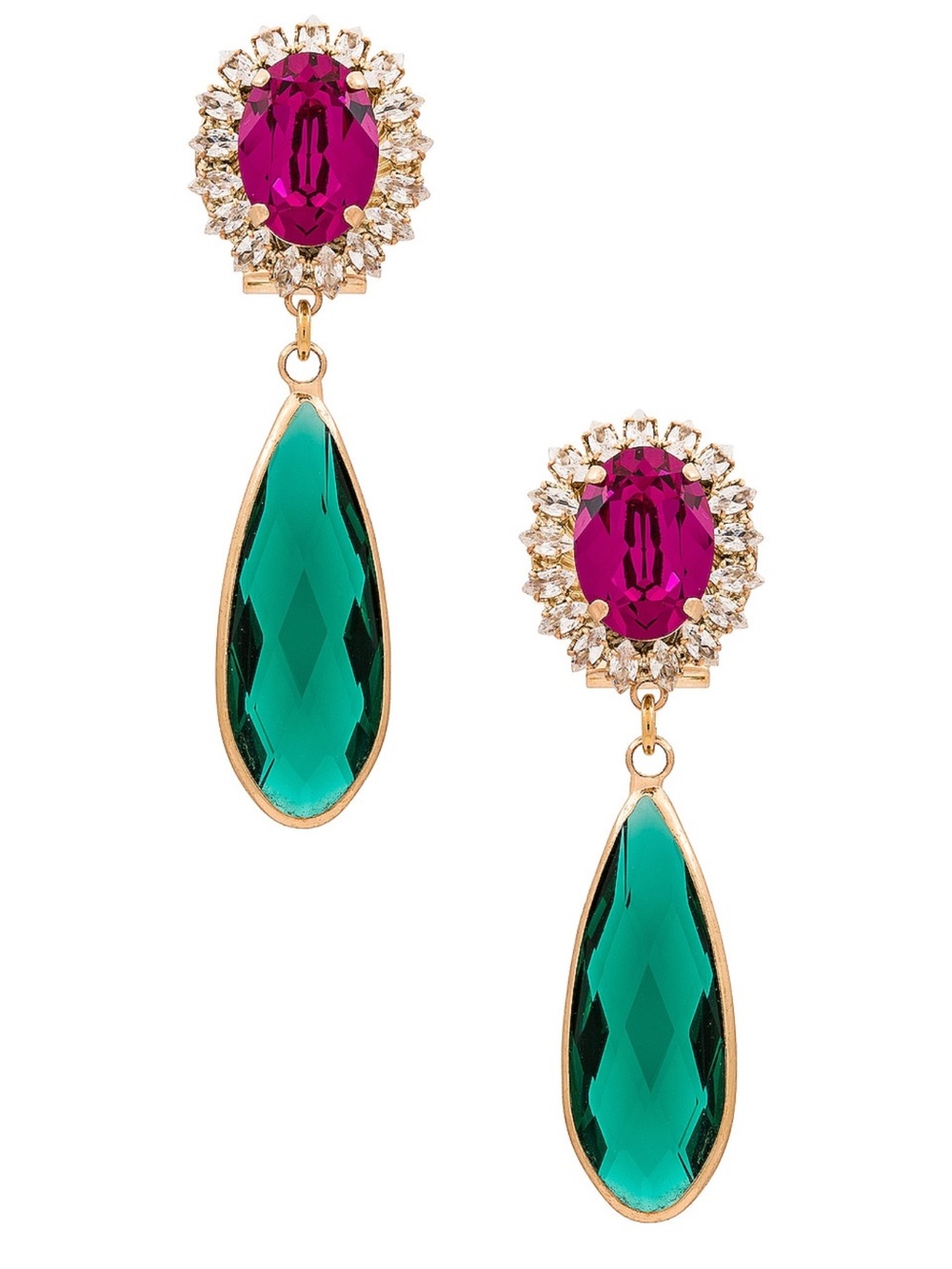 Gold-Tone Drop Earrings with Fuchsia and Emerald Crystals